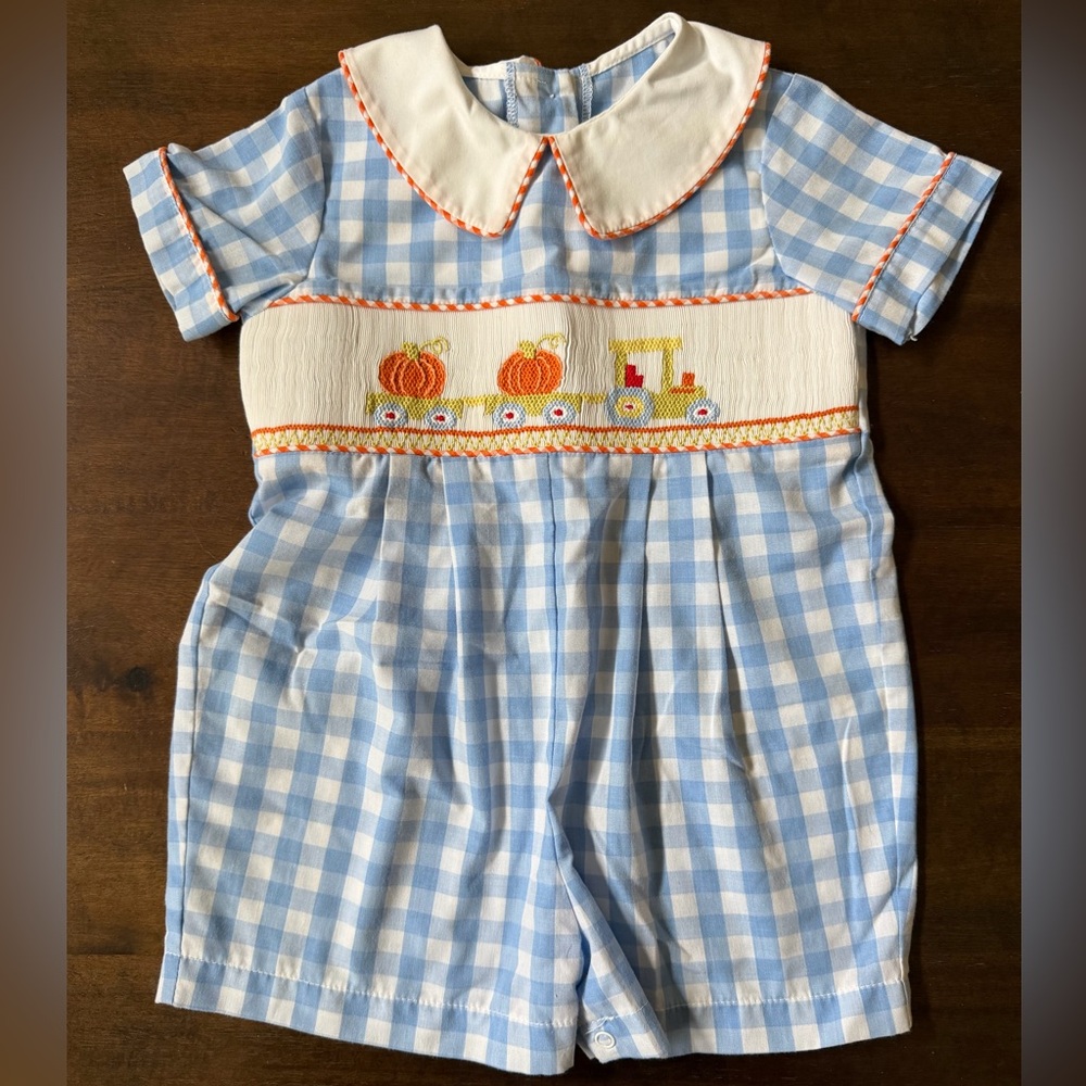Shrimp & Grits Kids Smocked Pumpkin Shortall (12 Months)